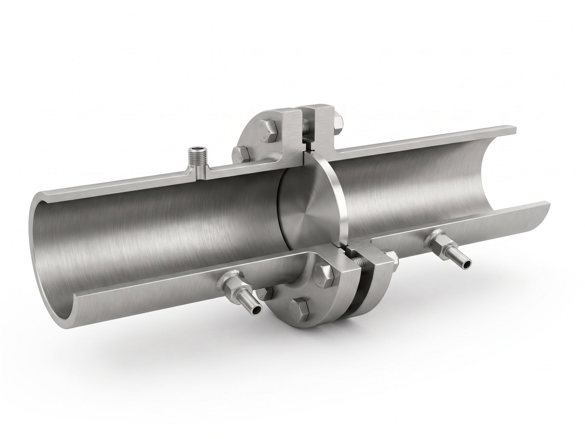 D-D/2 탭 (Radius Tap) — 상류 1D · 하류 D/2 배관 벽 취압, 단면 이미지